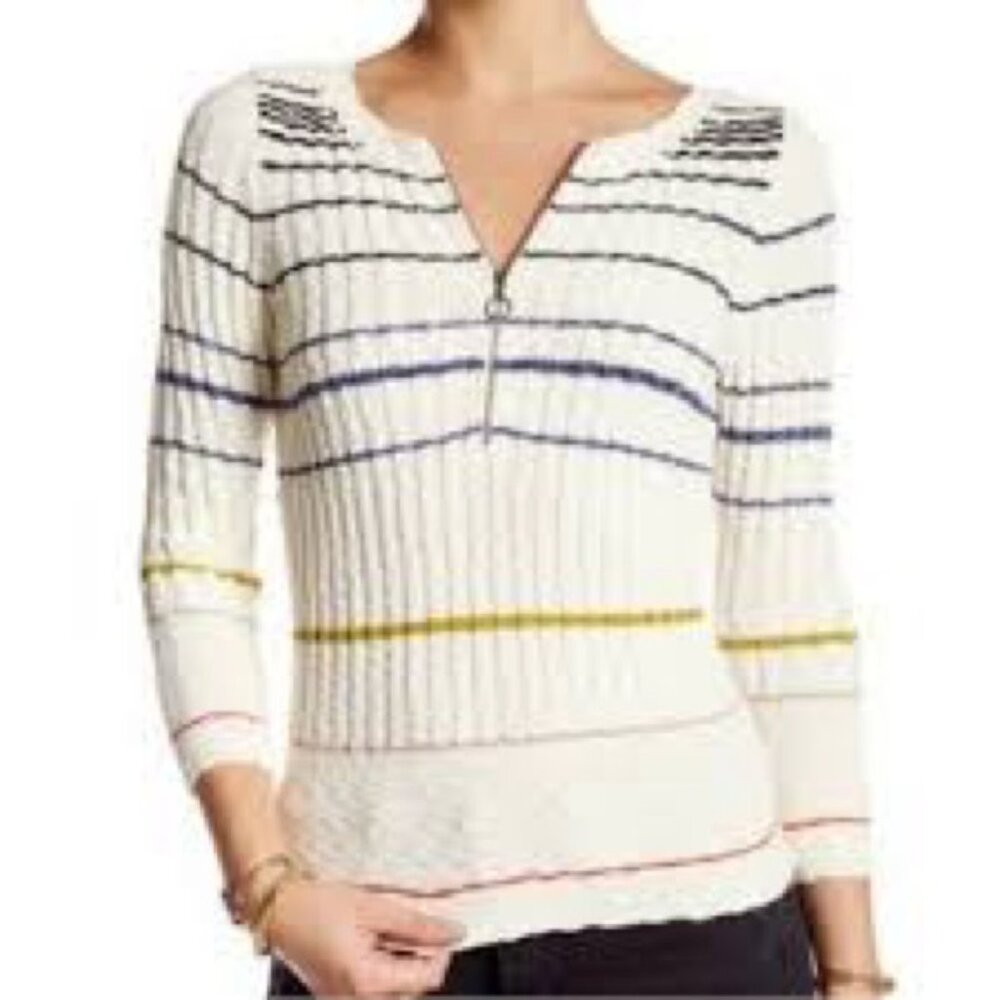 Free People Striped Ribbed Zip Neck Sweater XS Fitted Stretch Preppy Boho Knit